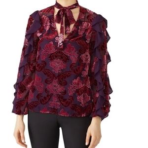 Monique Lhuille Burnout Burgundy Velvet Sheer Ruffle Back EMO Romantic Victorian